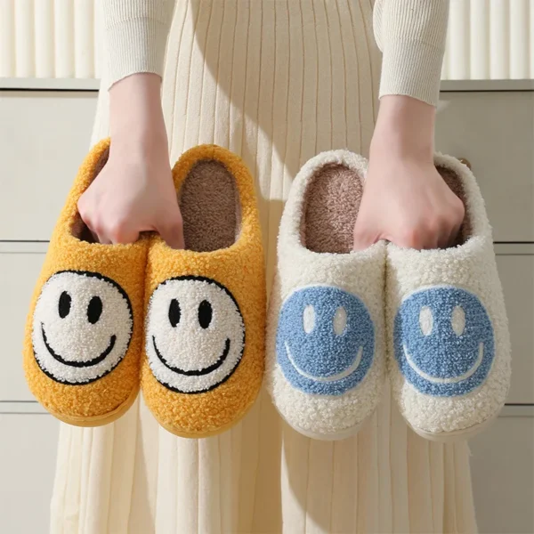 Pantufas peludas com emoji sorridentes, antiderrapante interior, sola grossa, uso doméstico, casal, outono, inverno - Image 2