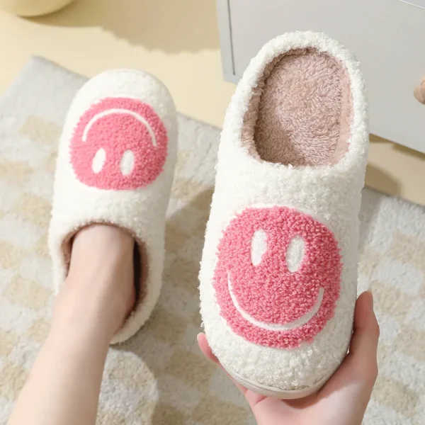 Pantufas peludas com emoji sorridentes, antiderrapante interior, sola grossa, uso doméstico, casal, outono, inverno - Image 3