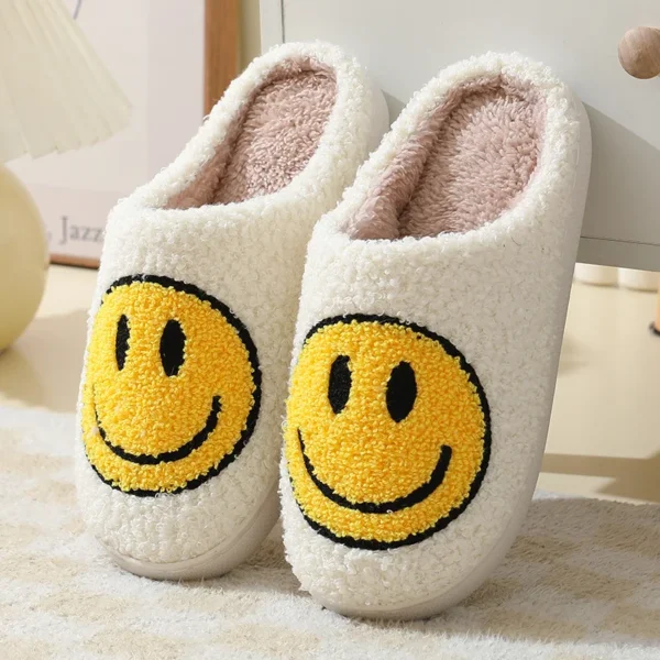 Pantufas peludas com emoji sorridentes, antiderrapante interior, sola grossa, uso doméstico, casal, outono, inverno - Image 5