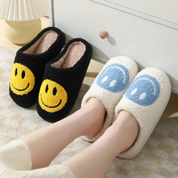 Pantufas peludas com emoji sorridentes, antiderrapante interior, sola grossa, uso doméstico, casal, outono, inverno